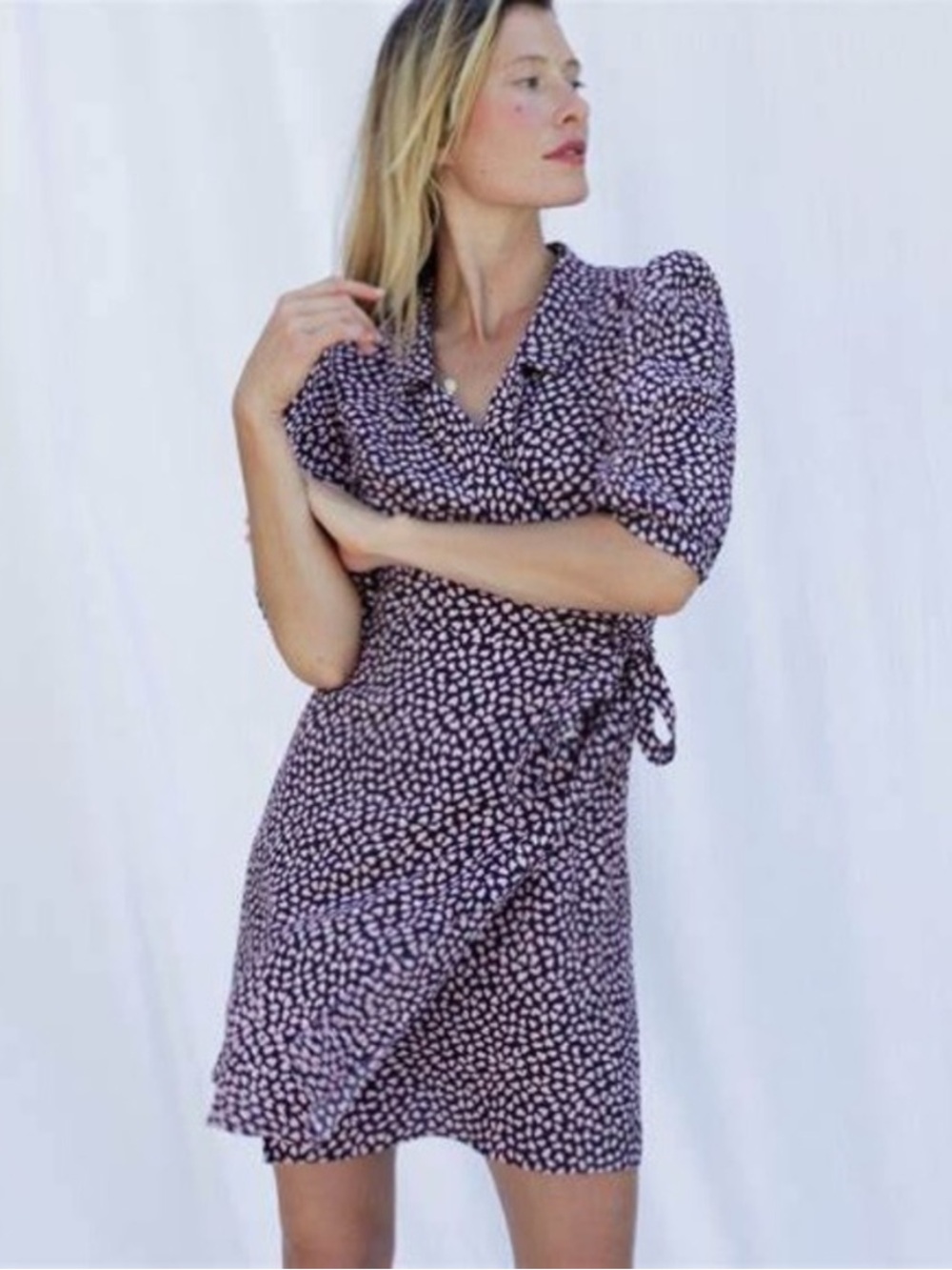 ROUJE Navy Blue & Pink Heart Printed V Neck Louison Mini Wrap Dress FR 38 US 4/6
